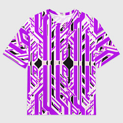 Мужская футболка оверсайз Бело-фиолетовые техно полосы на чёрном фоне