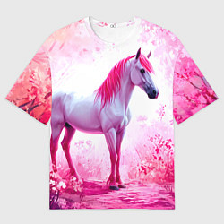 Футболка оверсайз мужская Белая лошадь с розовой гривой, цвет: 3D-принт