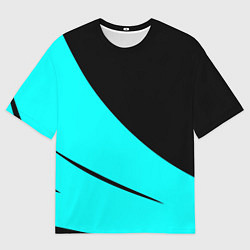 Футболка оверсайз мужская Чёрный и неоновый голубой двуцветный с полосой, цвет: 3D-принт
