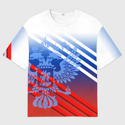 Футболка оверсайз мужская Герб России на фоне цветов флага и полосы, цвет: 3D-принт