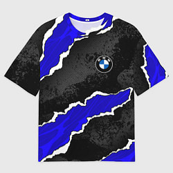 Футболка оверсайз мужская BMW - синие разрывы, цвет: 3D-принт