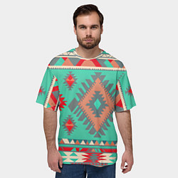 Футболка оверсайз мужская Оранжево бирюзовый геометрический узор в стиле ацт, цвет: 3D-принт — фото 2