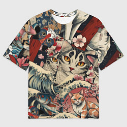 Футболка оверсайз мужская Котики и рыбки в сакуре, цвет: 3D-принт