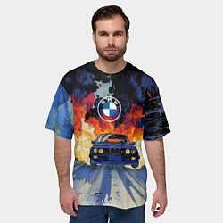 Футболка оверсайз мужская Синяя БМВ за огнем, цвет: 3D-принт — фото 2
