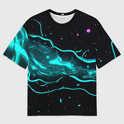 Футболка оверсайз мужская Голубые неоновые волны текстура, цвет: 3D-принт