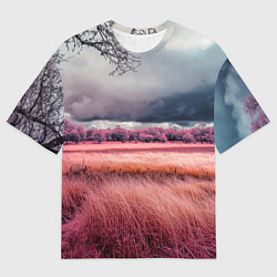 Футболка оверсайз мужская Поле и деревья пейзаж - инфракрасный стиль, цвет: 3D-принт