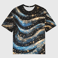 Футболка оверсайз мужская Волнистые синие линии на черном, цвет: 3D-принт