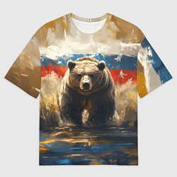 Футболка оверсайз мужская Медведь и флаг РФ в поле, цвет: 3D-принт