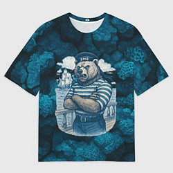 Футболка оверсайз мужская Медведь ВМФ в тельняшке, цвет: 3D-принт