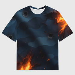 Футболка оверсайз мужская Разорванный синий камуфляж с огнем, цвет: 3D-принт