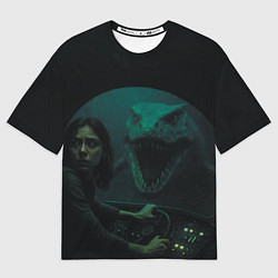 Футболка оверсайз мужская Тилозавр нападает на батискаф с девушкой ужасы, цвет: 3D-принт