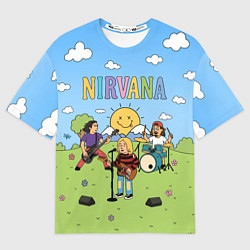 Футболка оверсайз мужская Nirvana мультяшный стиль на поляне, цвет: 3D-принт