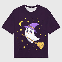 Футболка оверсайз мужская Хэллоуин, привидение на метле, звезды, цвет: 3D-принт