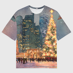 Футболка оверсайз мужская Москва - сити и новогодняя елка, цвет: 3D-принт