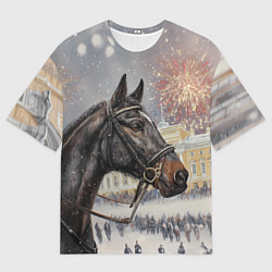 Футболка оверсайз мужская Конь на фоне салюта, цвет: 3D-принт
