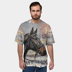 Футболка оверсайз мужская Конь на фоне салюта, цвет: 3D-принт — фото 2