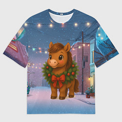 Футболка оверсайз мужская Лошадка с новогоднем венком 2026, цвет: 3D-принт