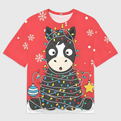 Футболка оверсайз мужская Лошадка в новогодних огоньках, цвет: 3D-принт