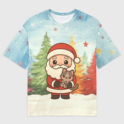 Футболка оверсайз мужская Санта с котенком, цвет: 3D-принт