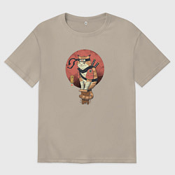 Футболка оверсайз мужская Кот самурай, цвет: миндальный