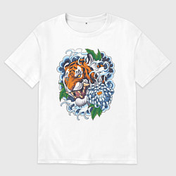 Футболка оверсайз мужская Тигр в цветах, цвет: белый