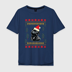 Футболка оверсайз мужская Рождественский свитер Черный мопс, цвет: тёмно-синий