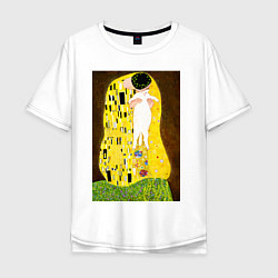 Футболка оверсайз мужская Густав Климт влюблённые поцелуй с котом, цвет: белый