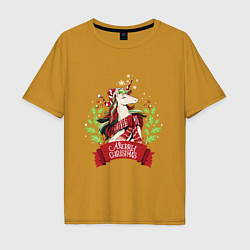 Футболка оверсайз мужская Christmas Unicorn, цвет: горчичный