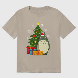 Футболка оверсайз мужская Тоторо новогодний, цвет: миндальный