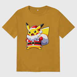 Футболка оверсайз мужская НОВОГОДНИЙ ПИКАЧУ САНТА КЛАУС, цвет: горчичный