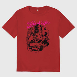 Футболка оверсайз мужская Девушка с тату и череп, цвет: красный