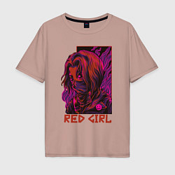 Футболка оверсайз мужская Красная девушка в маске, цвет: пыльно-розовый