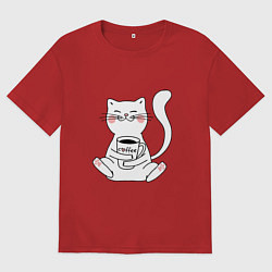Футболка оверсайз мужская Белый кот с кофе, цвет: красный