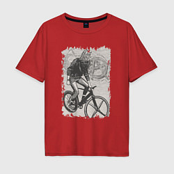 Футболка оверсайз мужская Кошка в шапочке на велосипеде, цвет: красный