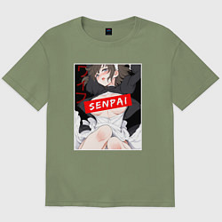 Футболка оверсайз мужская Девушка и надпись Senpai Ahegao, цвет: авокадо
