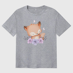 Футболка оверсайз мужская Милый Лисёнок С Цветками, цвет: меланж