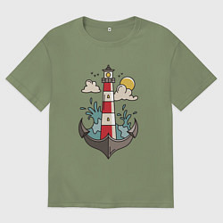 Футболка оверсайз мужская Маяк Якорь Lighthouse Anchor, цвет: авокадо