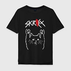 Футболка оверсайз мужская Skrillex Рок кот, цвет: черный