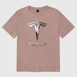 Футболка оверсайз мужская Tesla Logo Тесла Логотип, цвет: пыльно-розовый