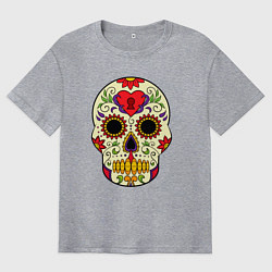 Футболка оверсайз мужская Череп с замочком, с подсолнухами и цветами, цвет: меланж