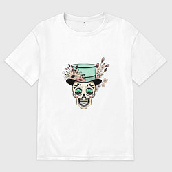 Футболка оверсайз мужская Череп в шляпе и цветах, цвет: белый