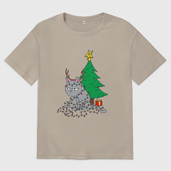 Футболка оверсайз мужская Запутавшийся кот, цвет: миндальный