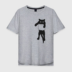 Футболка оверсайз мужская Черный котик в кармане, цвет: меланж