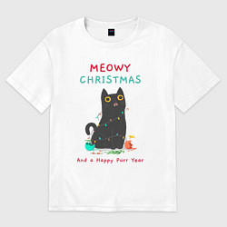 Футболка оверсайз мужская Meowy Christmas and a happy purr year, цвет: белый
