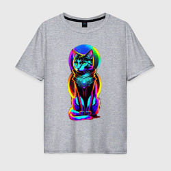 Футболка оверсайз мужская Кот в стиле киберпанк, цвет: меланж