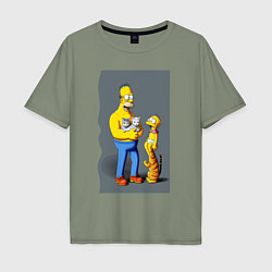 Футболка оверсайз мужская Homer Simpson and cats - нейросеть арт, цвет: авокадо
