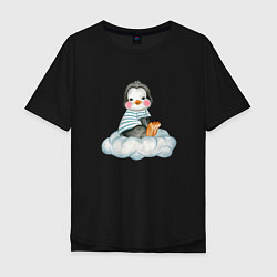Футболка оверсайз мужская Пингвин на облаке, цвет: черный