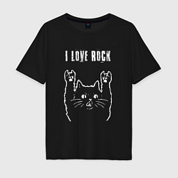 Футболка оверсайз мужская I love rock рок кот, цвет: черный