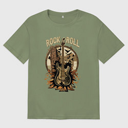 Футболка оверсайз мужская Рок гитара со старым городом, цвет: авокадо