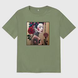 Футболка оверсайз мужская Irezumi - гейша с татуировкой и розами, цвет: авокадо
